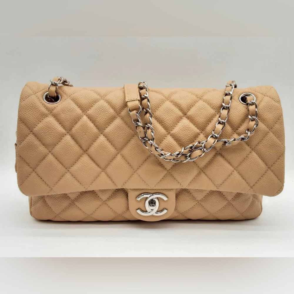 Chanel Beige Cavier Quilted Zipper Classic Flap Shoulder Bag